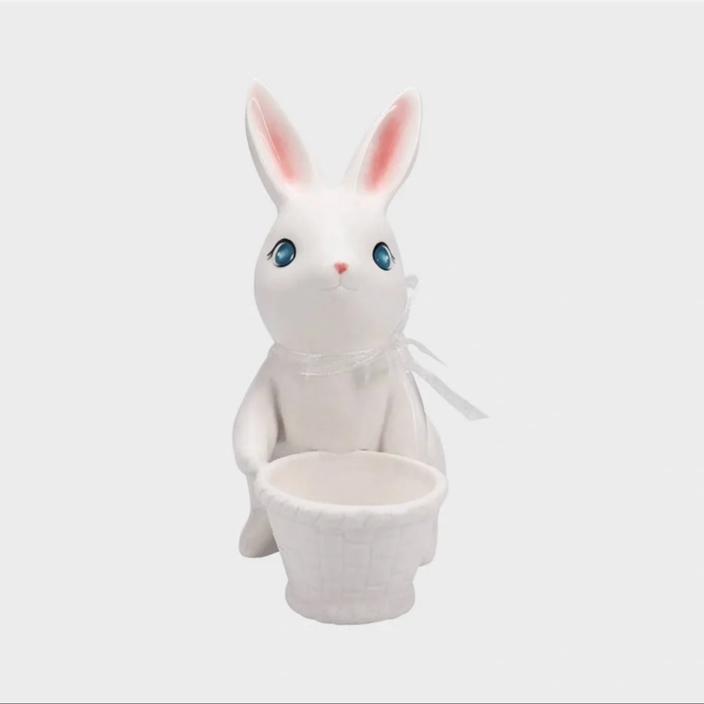 HTF Ceramic Easter Bunny Decorative Figurine with Basket - Picture 2 of 2